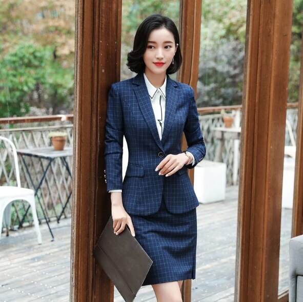 Projetos Uniformes de escritório Mulheres de Negócios Terno Com Saia/Mulheres Calças Xadrez Saia/Calças Terno 2 Peça Define Senhoras roupas de trabalho 4XL: skirt suit / XXL