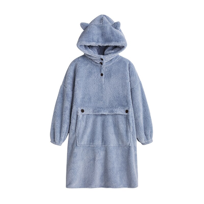 Unisex Robes Men Winter Dressing Gown Winter Warm Fleece Robe Pullover Hooded Women Winter Dressing Gown Robes Soft Bathrobe: blue / 45 to 85kg