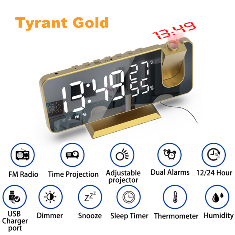 Led Spiegel Screen Projectie Wekker Weerbericht Radio Thermo-Hygrometer Digitale Klok Moderne Kantoor Slaapkamer Desktop Decoratie: A-Tyrant Gold
