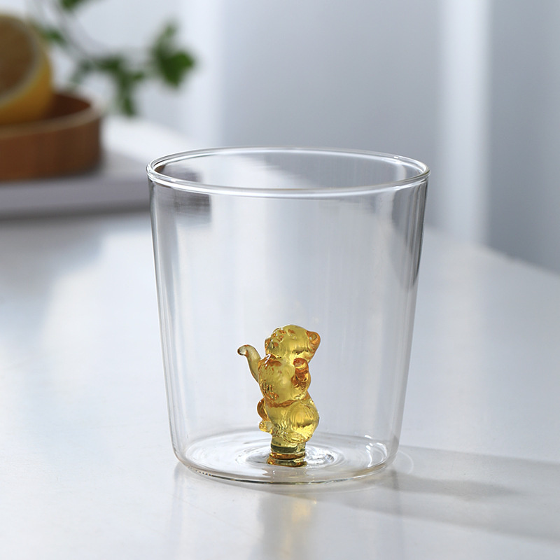 3D Animal Glass Water Cup Cute Modeling Household Simple Glass Coffee Juice Drink Milk Cup Home Desktop Accessories: Yellow Cat