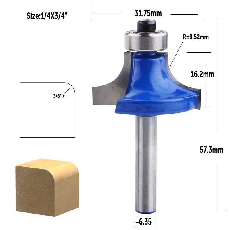 CHWJW 1/4&quot; Corner Round Over Router Bit with Bearing Milling Cutter for Wood Woodworking Tool Tungsten Carbide: 6.35mmX19mm