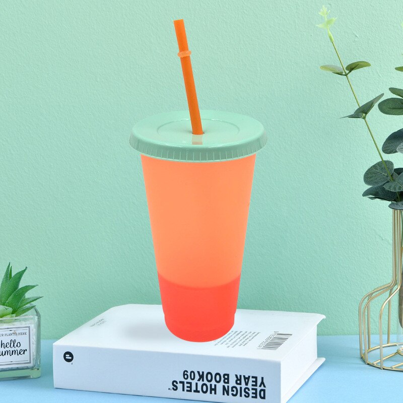 1/5 st färgförändrande plasttumblare återanvändbara missfärgningskopp med lock och halm: Orange