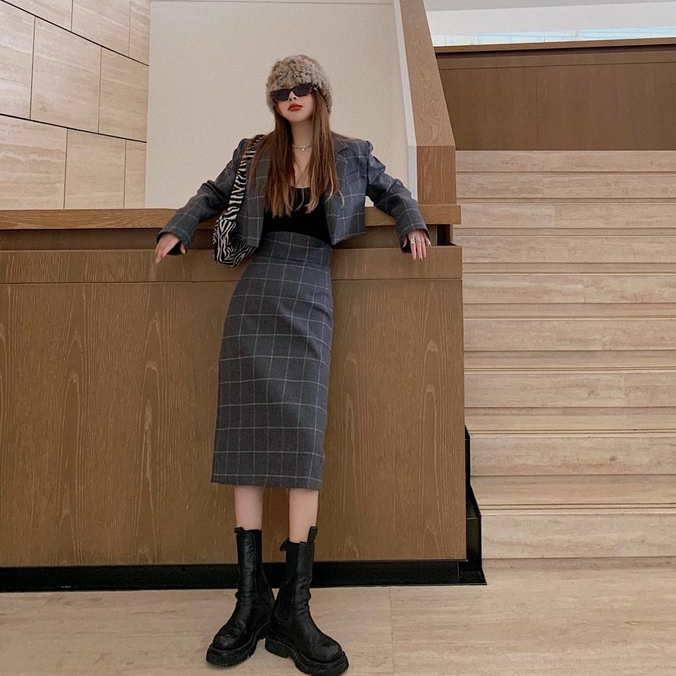 Traje de falda a cuadros Vintage para mujer, Chaqueta corta de lana, falda ajustada, conjunto de dos piezas de oficina, ropa de Corea para mujer, primavera y otoño