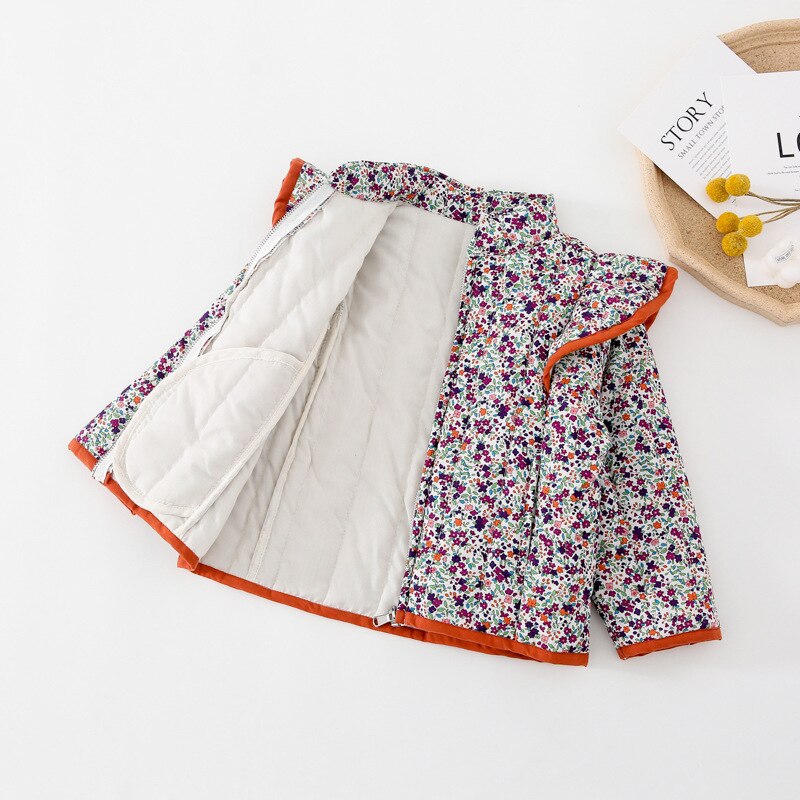 Abrigos finos acolchados florales para niñas, chaquetas informales con cremallera, cálidas, de estilo coreano