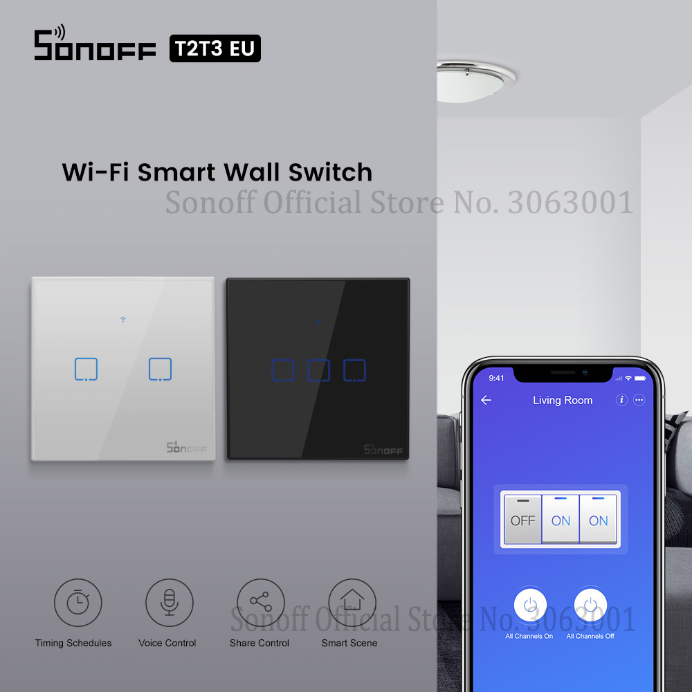 Sonoff t2 t3 sort eu wifi lysafbryder smart væg berøringsafbrydere app /433 rf fjernbetjening conrtol switch trådløs 1/2/3 bånd switch