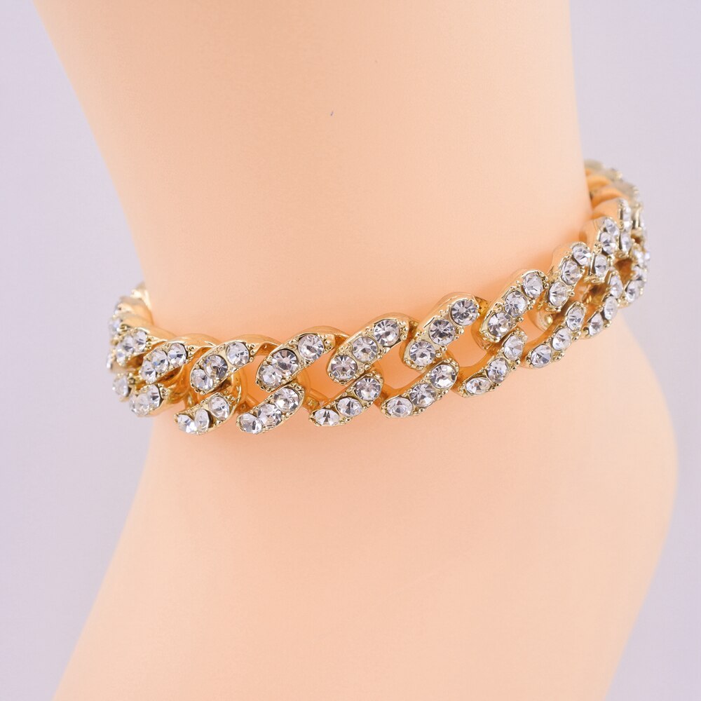 cuban link anklets hip hop women chain foot legs jewelry 12mm cuban chain pink crystal rose gold silver color iced out: Gold 10inch (25cm)