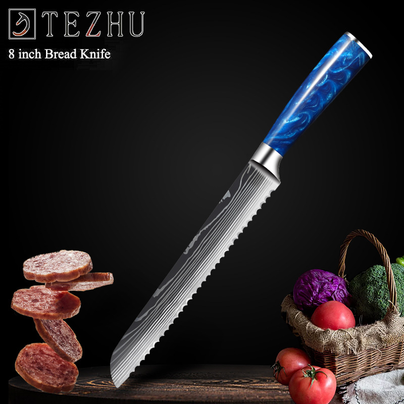 8 Inch Chef's Knives Japanese Santoku knife Damascus Knife 7Cr17mov High Carbon Stainless Steel Vegetable Meat Cooking Knife: 8 inch bread knife