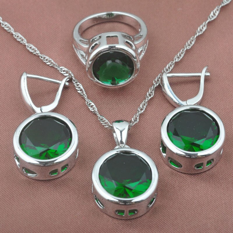 Vrouwen Bruiloft Sieraden Sets Ronde Green Zirconia Hanger Ringen Zilveren Kleur Ketting En Oorbellen Set Top Sieraden TZ0370
