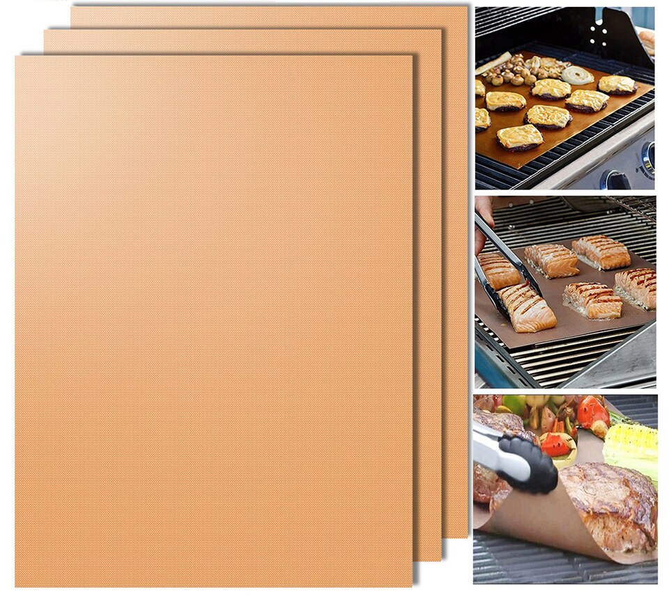 TEENRA 3 Stks Gold Herbruikbare Teflon BBQ Mat Bakken Grill Mat hittebestendige Baking Mat non-stick BBQ Liner Teflon Bakplaat: Default Title