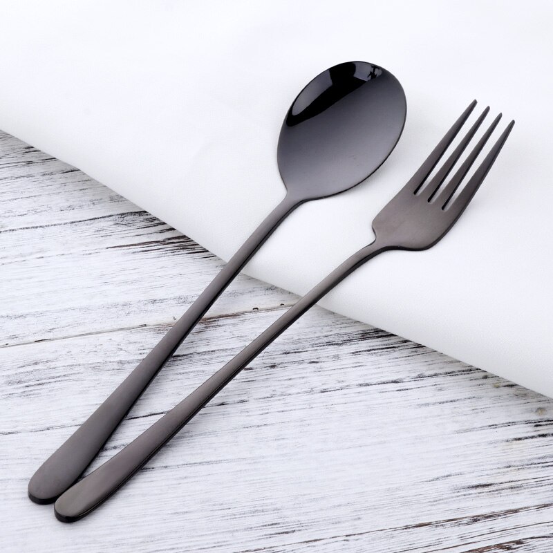 Colher de sobremesa em aço inoxidável, 2 paredes, garfo de sobremesa, dourado, alça longa, para sopa, salada, utensílios de café, prata, imperdível: Black 2pcs