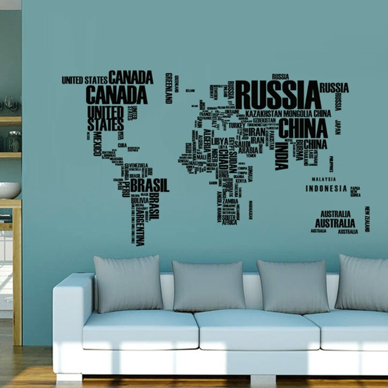 Bokstaver verdenskart vegg stikers kontor stue dekor global kart veggmaleri kunst diy
