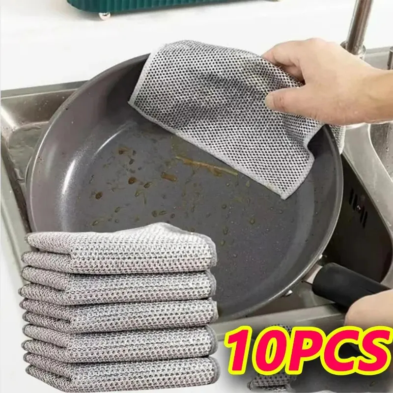 Torchon magique en fil d'argent, 10 pièces, chiffon de nettoyage de cuisine, serviette de lavage en microfibre épaisse, éponge intégrée, chiffon à boule en fil d'acier