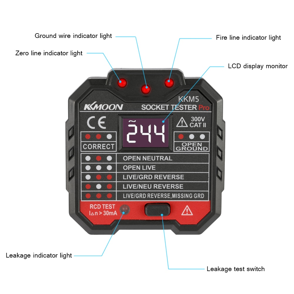 KKmoon – détecteur de prise d&#39;affichage numérique Portable KKM5, testeur de tension de polarité de Circuit, détecteur de disjoncteur de prise murale, Test RCD
