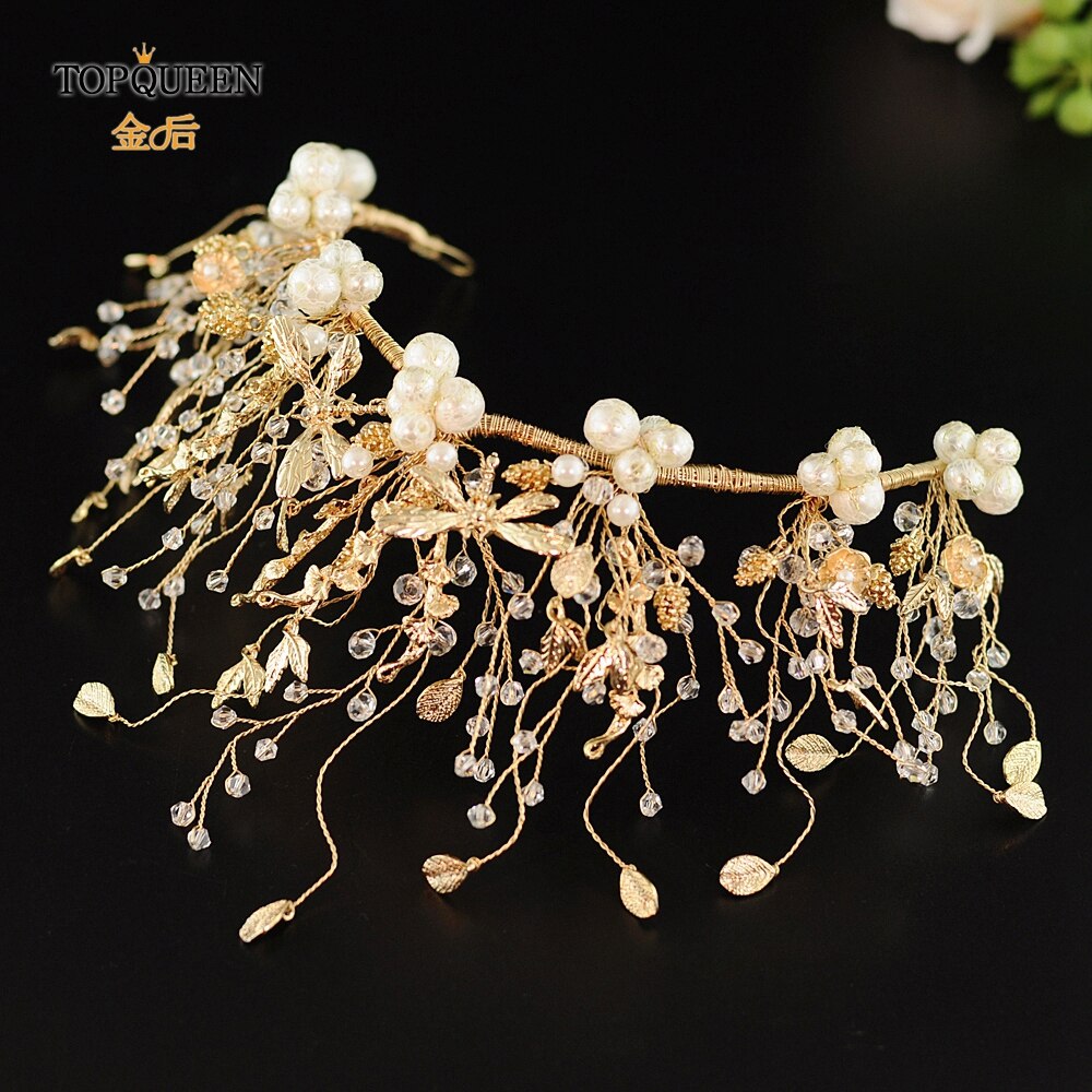 TOPQUEEN Wedding Tiara and Crown Pearl Bride Hair Jewelry Handmade Crystal Wedding Hair Accessories Bridal Headpieces HP214