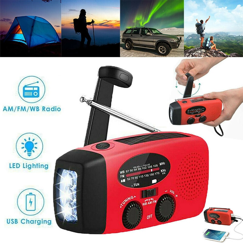 Radio portátil am fm de emergencia para exteriores, radio solar autoalimentada con manivela y 3 linternas led para senderismo y emergencia.