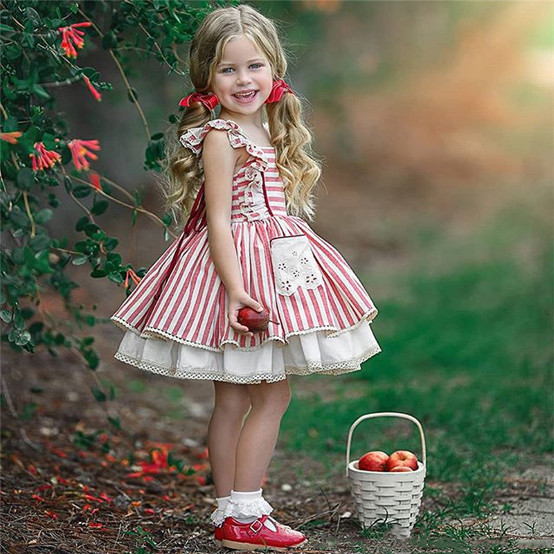 Fairy Kids Girls Clothes Dress Strap Ruffle Sleeveless Strip Dress Lolita Style Sunmmer Sundress Clothes Children Clothing 2-7Y