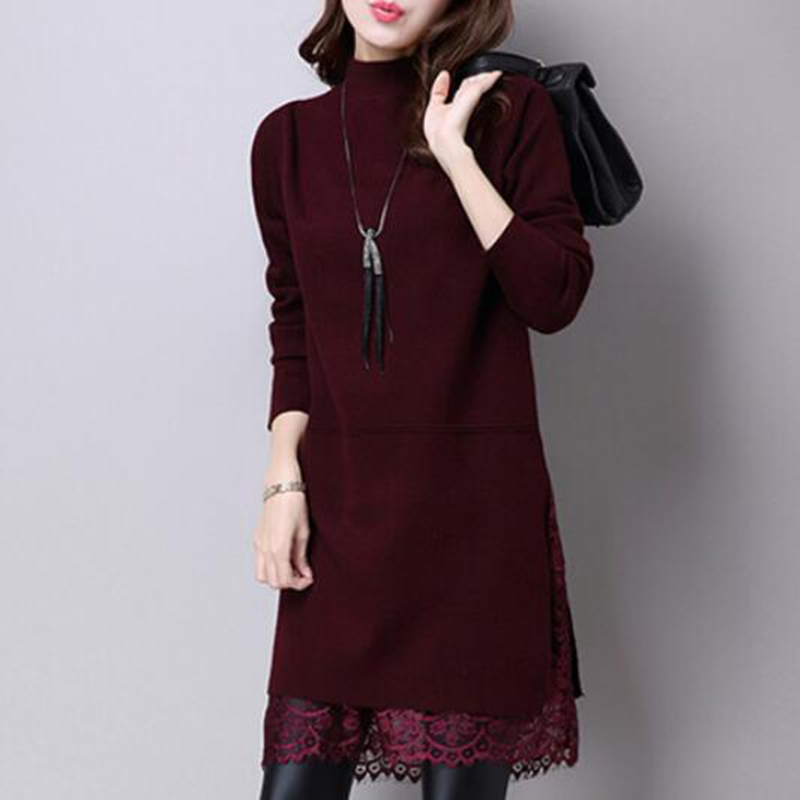 Rihschpiece Winter Lace Dress Women Knitted Sweater Dresses Mesh Vintage Black Turtleneck Warm Dress RZF1399