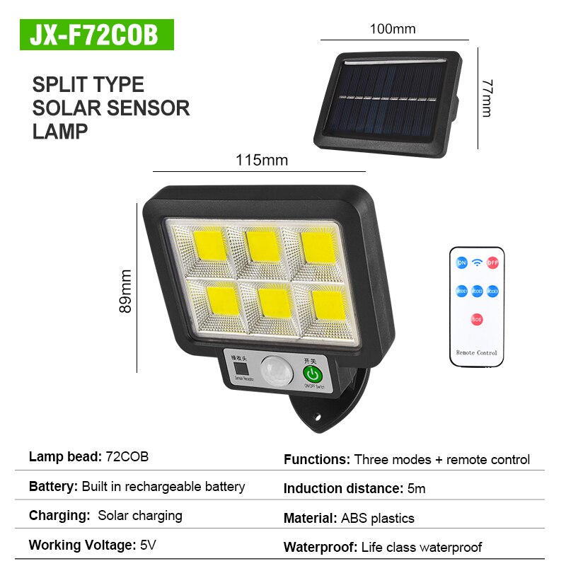 56 Led Solar Licht Menselijk Lichaam Sensor 72COB Solar Lamp IP65 Outdoor Licht Automatische Helderheid Tuin Straat Licht: F72 with remote