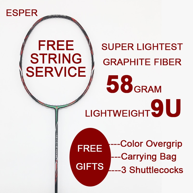 Esper 58 gram 9u koolstofvezel badmintonracket superlichtste grafiet racket met snaren en voor sport