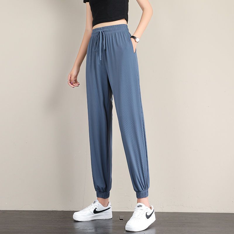 Zomer Vrouwen Sport Broek Ice Zijde Effen Cool Loszittende Dunne Casual Broek Draperen Afslanken Grote-Size breed-Been Bloeiers