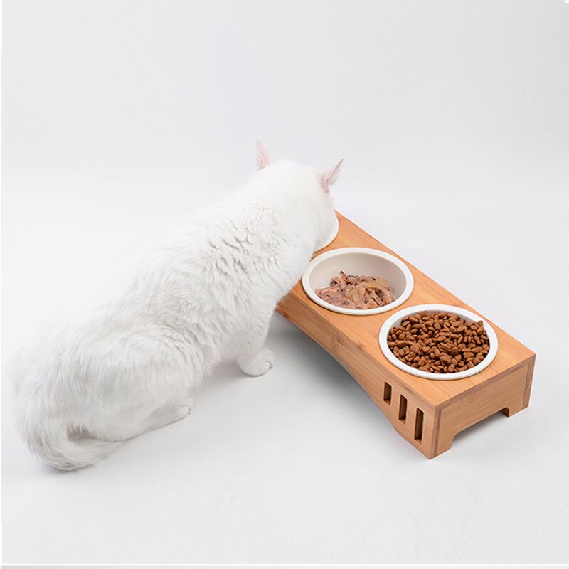 Solid Wood Pet Dining Table Bowl Pet Wooden Tilted Feeders Dog cat Anti-slip Three Bowls Cat Dish with Slope Stand(Heighten)