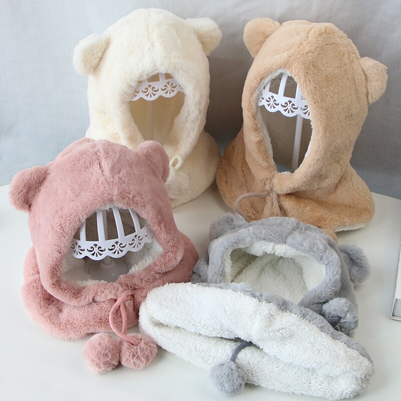 Schattige babymuts met berenoortjes, warme pluche wintermuts voor meisjes en jongens, effen kleur, oorbescherming voor buiten, zachte peutermuts