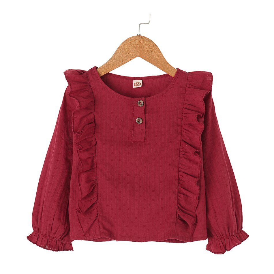 Camisa da menina da criança 2021 primavera moda bebê vermelho meninas blusas bonito manga longa plissado tops crianças roupas: MBSY1 / 5-6T