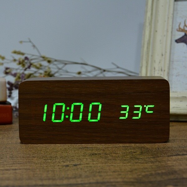 Houten houten klok, digitale klok, elektronische klok en kosten multi-color FiBiSonic wekker met thermometer: brown green