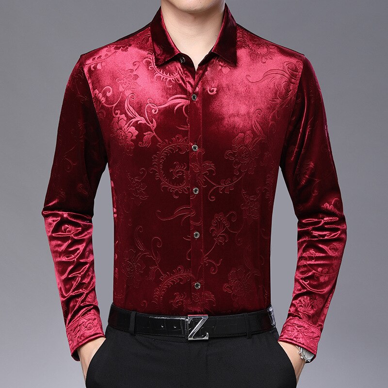 Herren Luxus Samt Blumen- Kleid Hemden schlank passen Langarm Velours Hemd Männer lässig Hemd Männlichen oben Hemd: Wein rot / asiatisch Größe 4XL