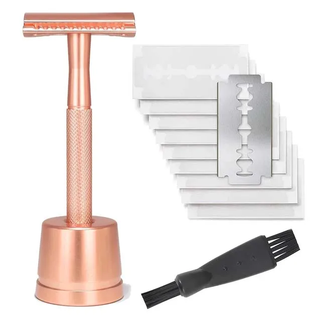 Rasoir de sécurité à double tranchant en acier inoxydable pour hommes, support de rasoir en métal, rasoir en métal pour homme avec base de rasoir: Orange