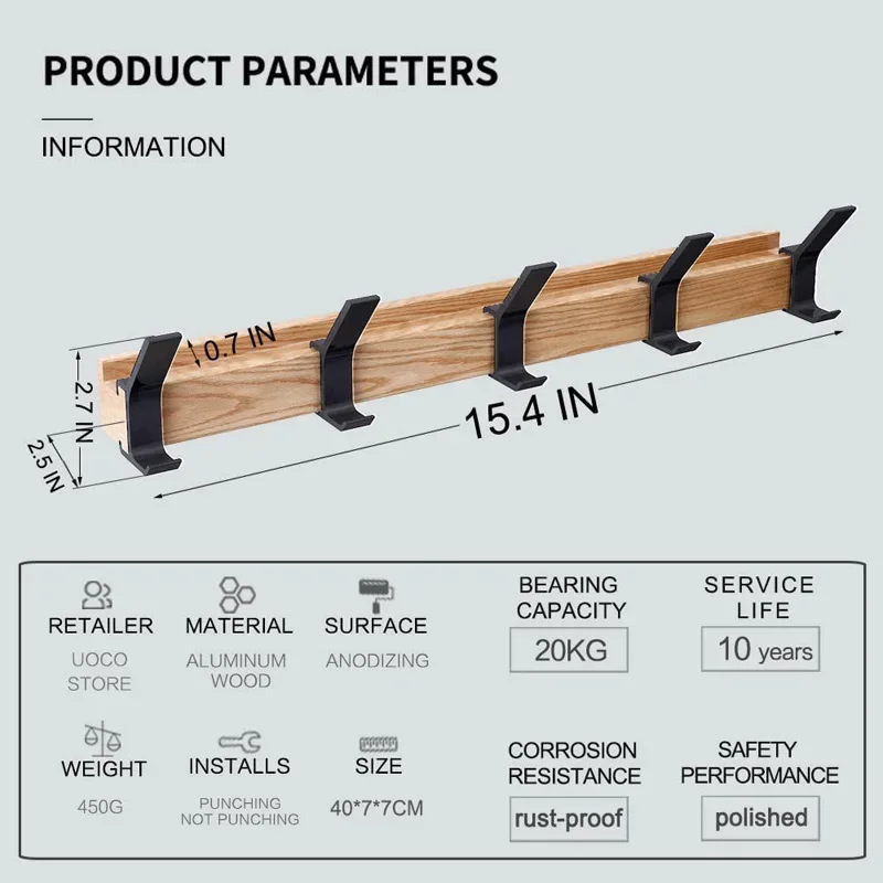 Nordischer Wandgarderobenständer mit beweglichen 5-Haken, Aluminium-Kleiderstange für Hütte, Handtuch, Roben, HolzbüGel, Perchero-Möbel