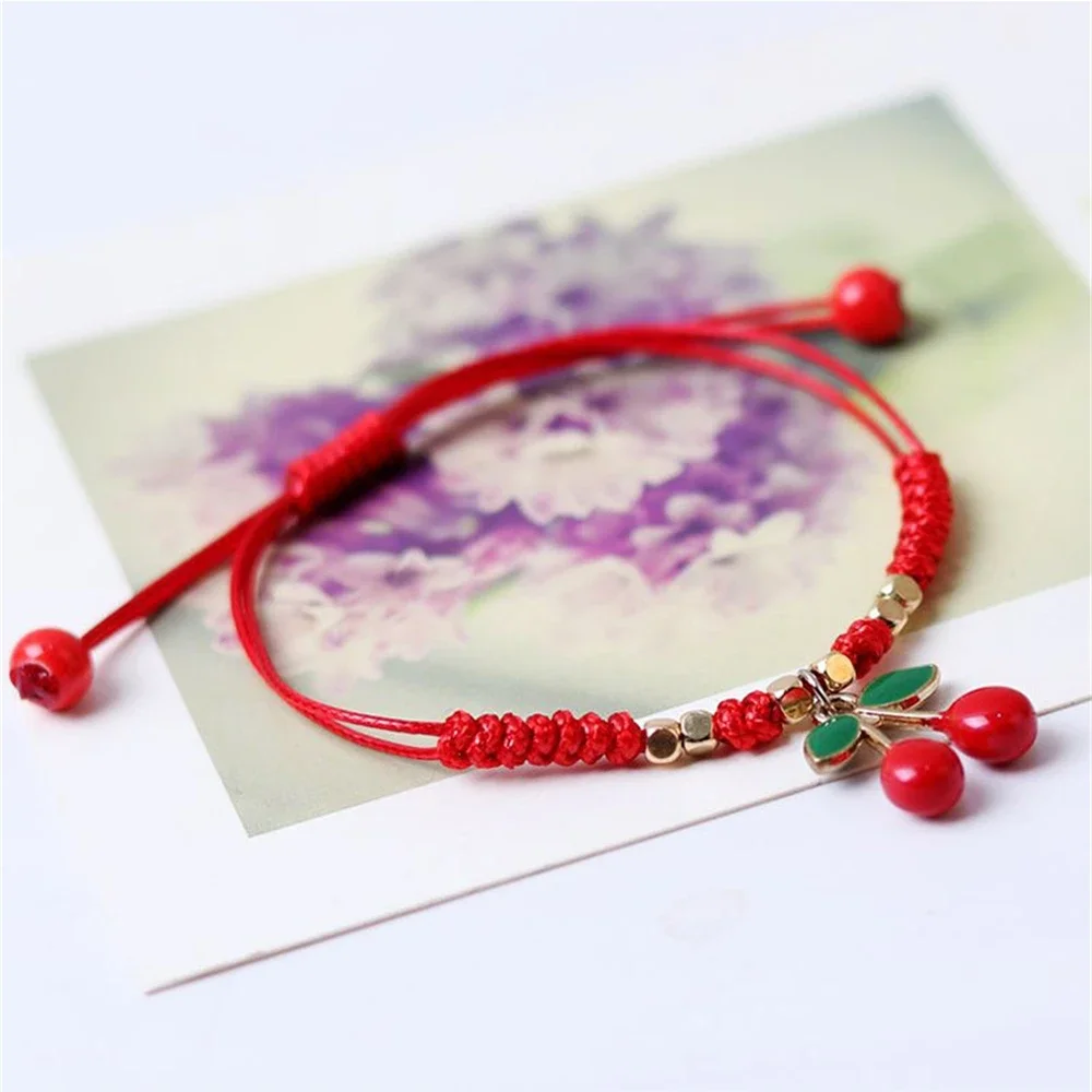 Dulce fresa cereza trenzada cuerda de mano DIY pulseras de cuerda roja ajustables para niñas accesorios de joyería