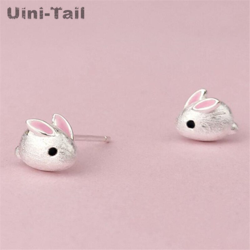 Uini-tail-pendientes de plata de ley 925 con conejo blanco y rosa, joyería fina