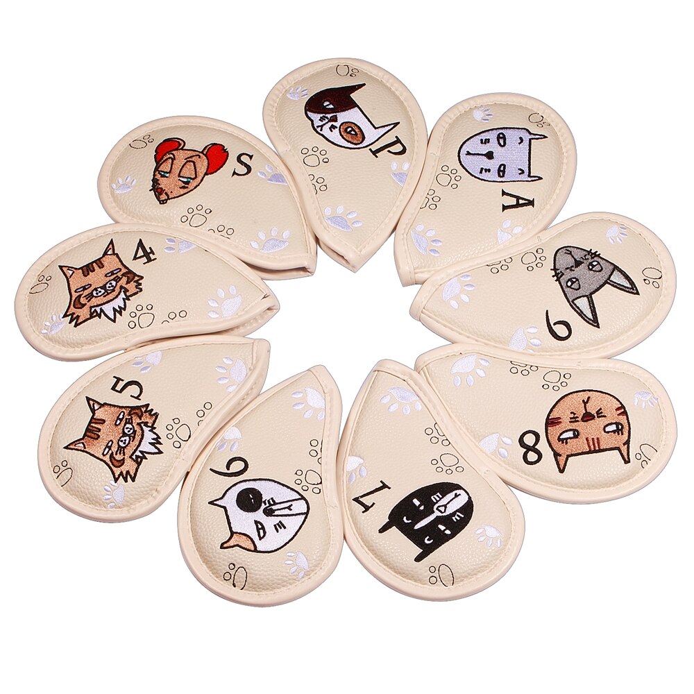 9 Stck Tragbare Golf Verein Headcovers Nette Karikatur Katze aufbringen PU Wasserdichte Fahrrinne hybrid Putter Abdeckung einstellen Jahrgang: Licht Gelb