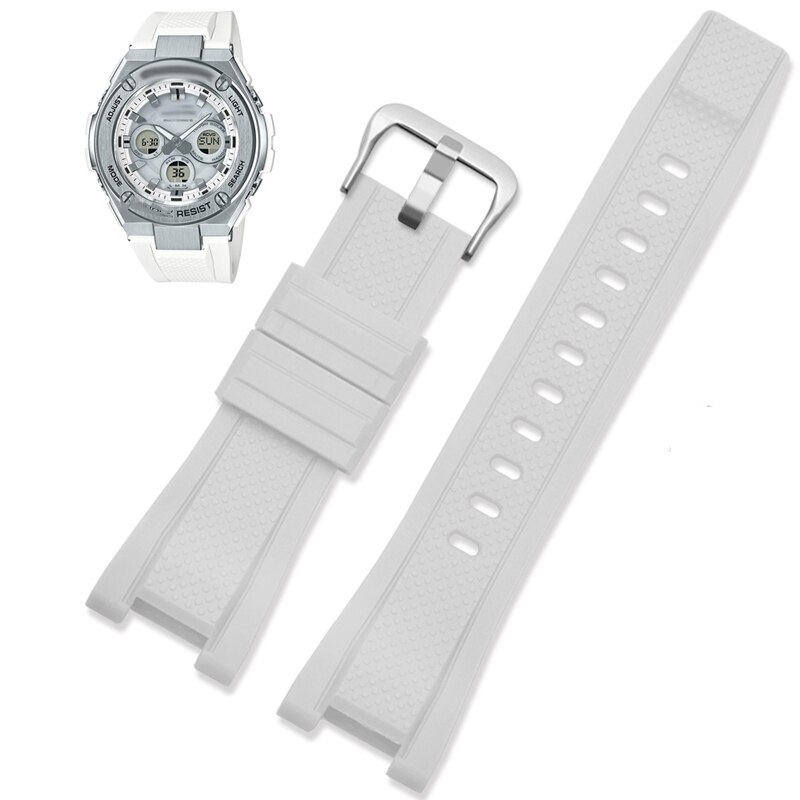 Gummi klokkerem for c-asio g-shock gst -210/w300/400g/b100 vanntett silikon stropper tilbehør 26*14mm: Hvit-sølv lås