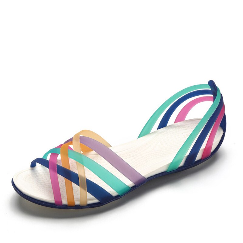 MCCKLE kobiety tęczowe galaretki sandały cukierki kolor Peep Toe damskie płaskie buty plażowe wsuwane slajdy Casual damskie letnie obuwie: dark blue / 7.5