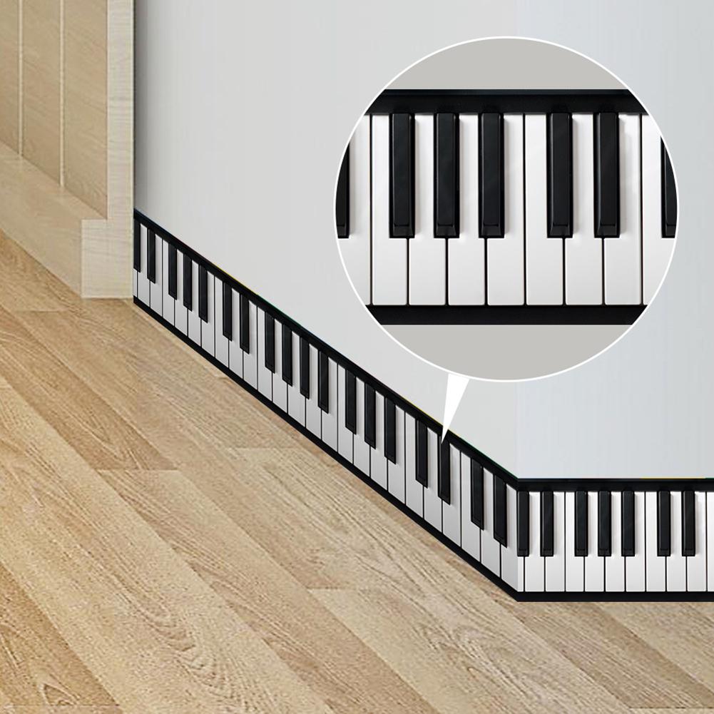 200cm 3D Black White Piano Key Adhesive Waist Lines Wall Border Stickers Wall Art Decal Decor For Hallway Bedroom Living Room