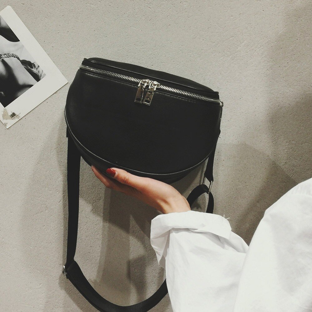 Black Chest Bag Women PU Leather Waist Pack Casual Adjustable Belt Shoulder Solid Zipper Crossbody Bag for Girls Female