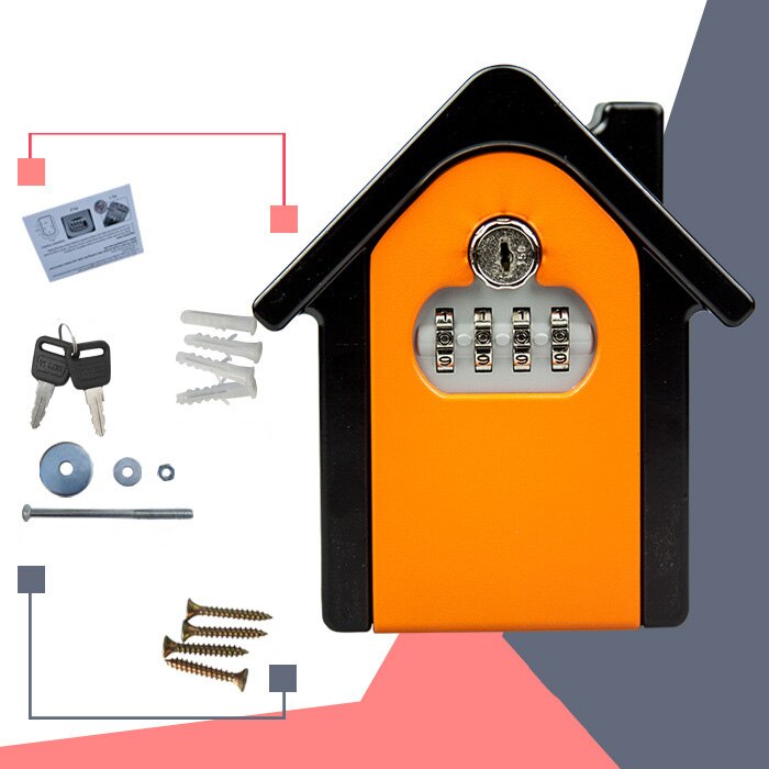 Caja de Seguridad para llaves, candado con contraseña y llave para el hogar, familia, exteriores, caja de almacenamiento con combinación montada en la pared: orange