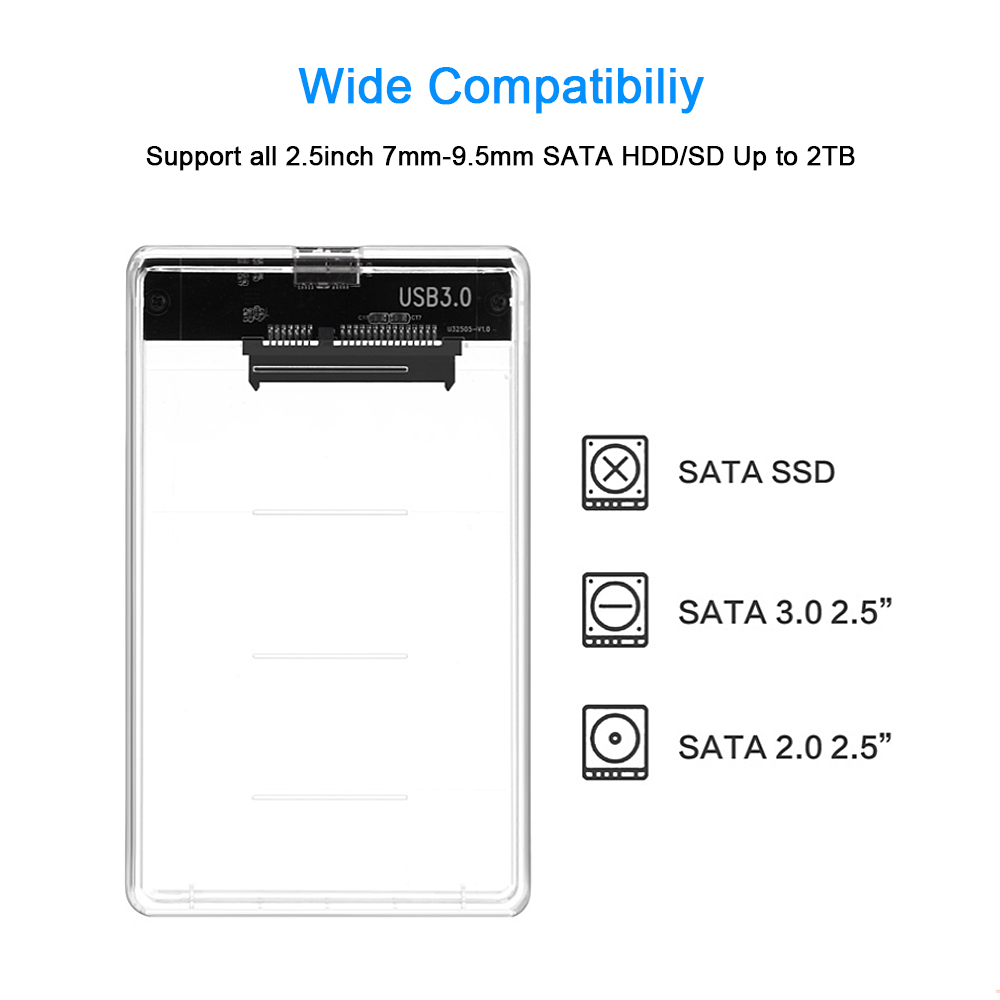 Disco duro externo CHIPAL de 2,5 "SATA 3,0, Funda de disco duro transparente a USB 3,0, soporte de caja SSD, Protocolo UASP 2TB