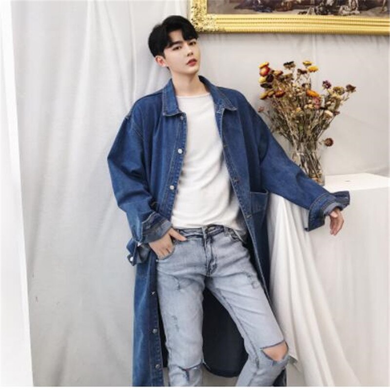 Men Long Casual Denim Trench Coat Streetwear Hip Hop Loose Cowboy Cardigan Jacket Male Jean Windbreaker Overcoat: XL