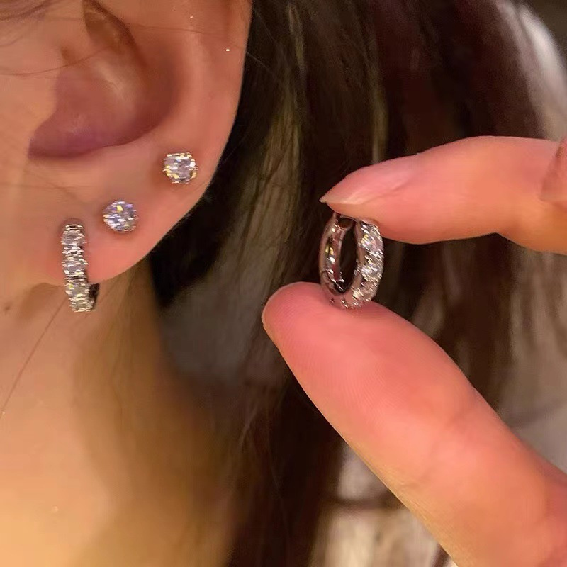 4Pcs/set Stainless Steel Aesthetic Zircon Crystal Hoop Earrings for Women Egirl Y2K Cool Daily Wear Jewelry Accessories: Rhodium Plated