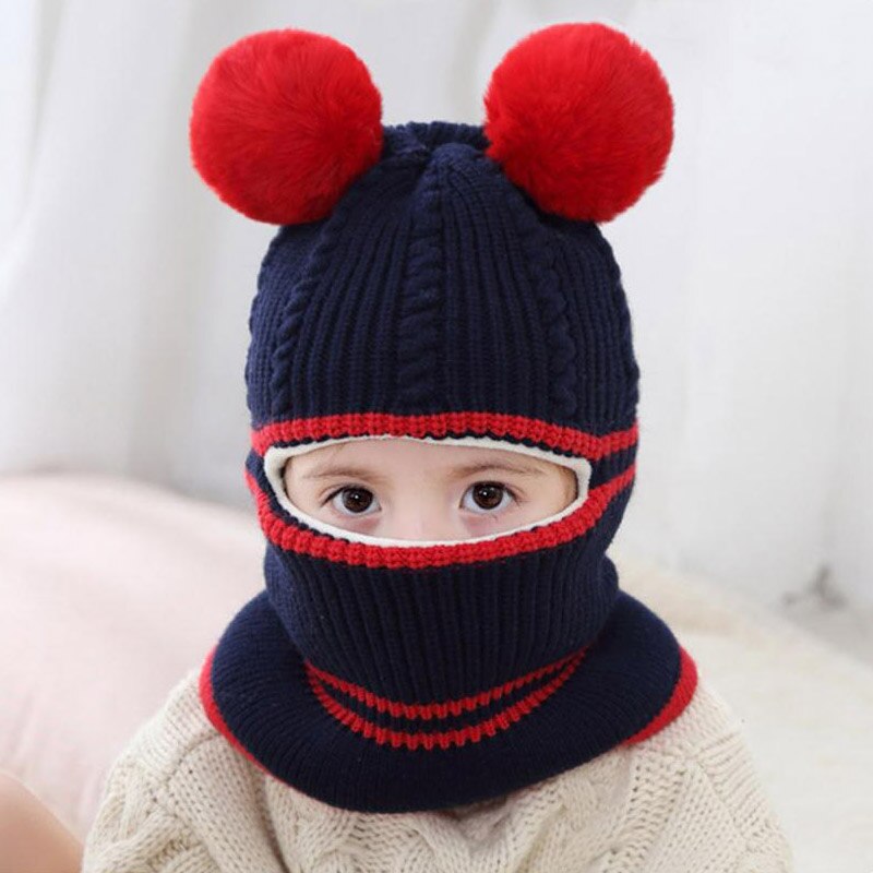 Doitbest 2-6 Y Winter hat for kids beanies two Fur hairball boys Beanie Child knit hats Protect face neck kid girls Earflap Caps: Navy Blue