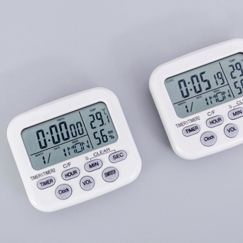 Timer Clock Thermometer Hygrometer Date Display 12/24 Hours 2 Groups Alarm Digital Countdown Kitchen Timer