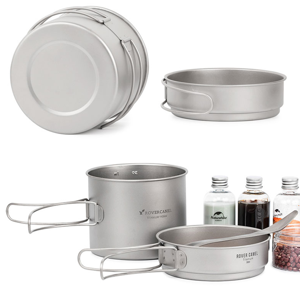 Ultralight Titanium 1100Ml Pot En 350Ml Koekenpan Kookset Outdoor Camping Picknick Kookgerei Set Met Vouwen Handgrepen