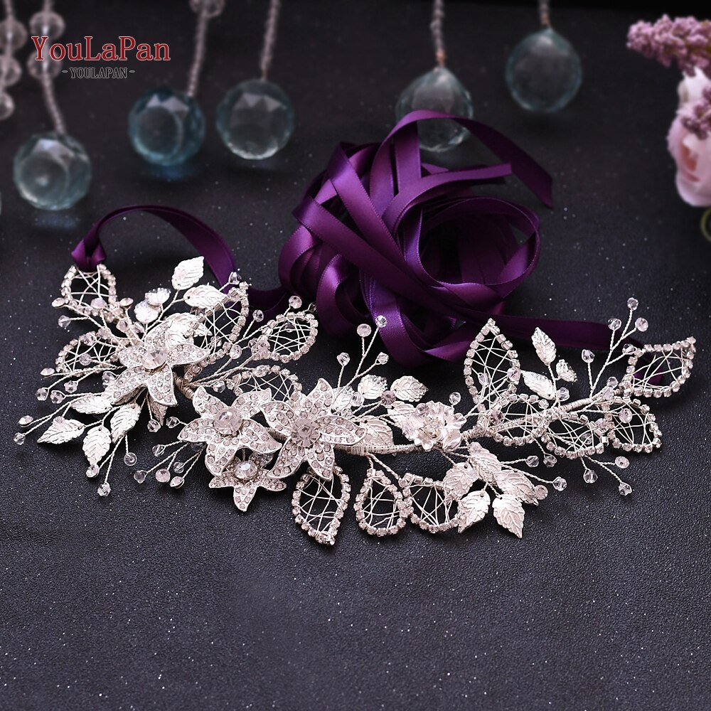 YouLaPan SH282 Rhinestone Belt Silver Diamond Belt Women’s Dress Belt Bridesmaid Dresses Belt Sparkly Belt Floral Bridal Belt: Purple ribbon