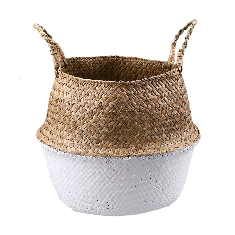 Small Wicker Basket with Handles Seagrass Woven Storage Basket Laundry Toys Picnic Basket Foldable Belly Organizer: white / XS-16x13cm