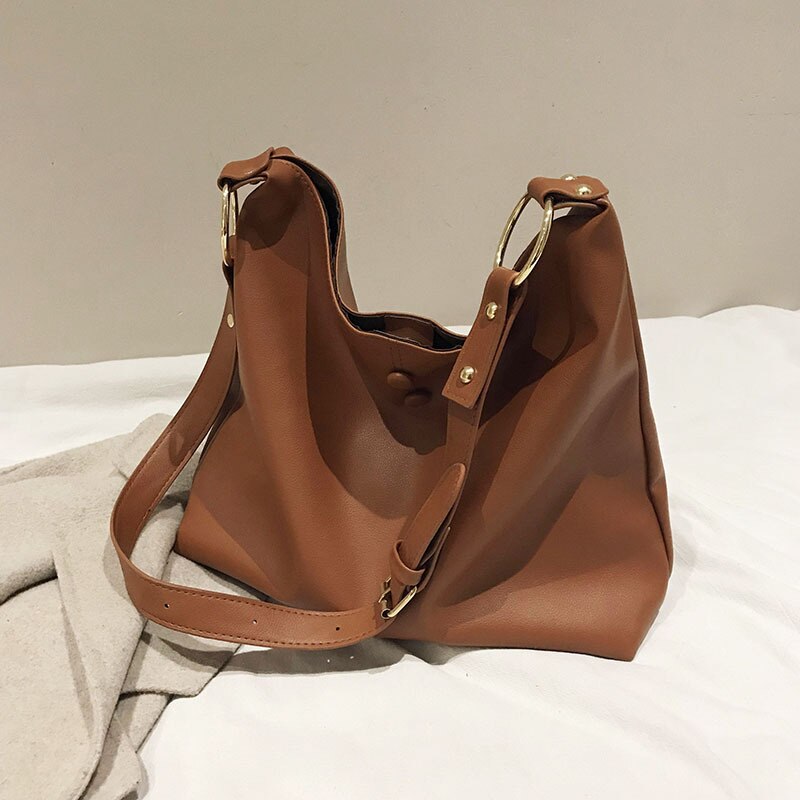 Grote capaciteit dames schoudertassen dames tassen pu leer casual messenger bags casual dames handtassen sac a hobos: Bruin