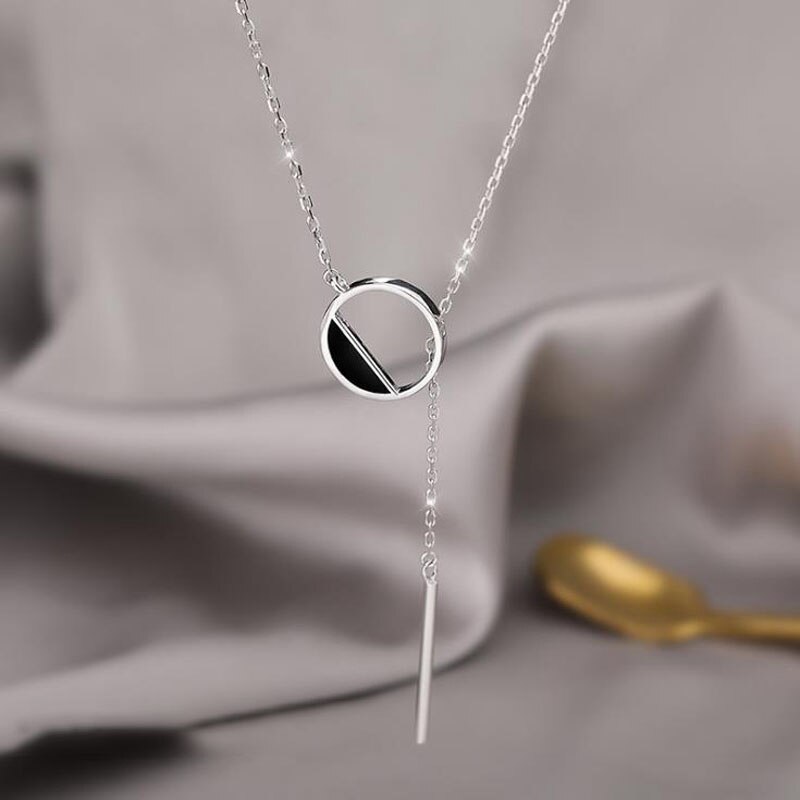 ANENJERY 925 Sterling Silver Black Round Necklace for Women Tassel Sweater Chain Fine Handmade Jewelry S-N304