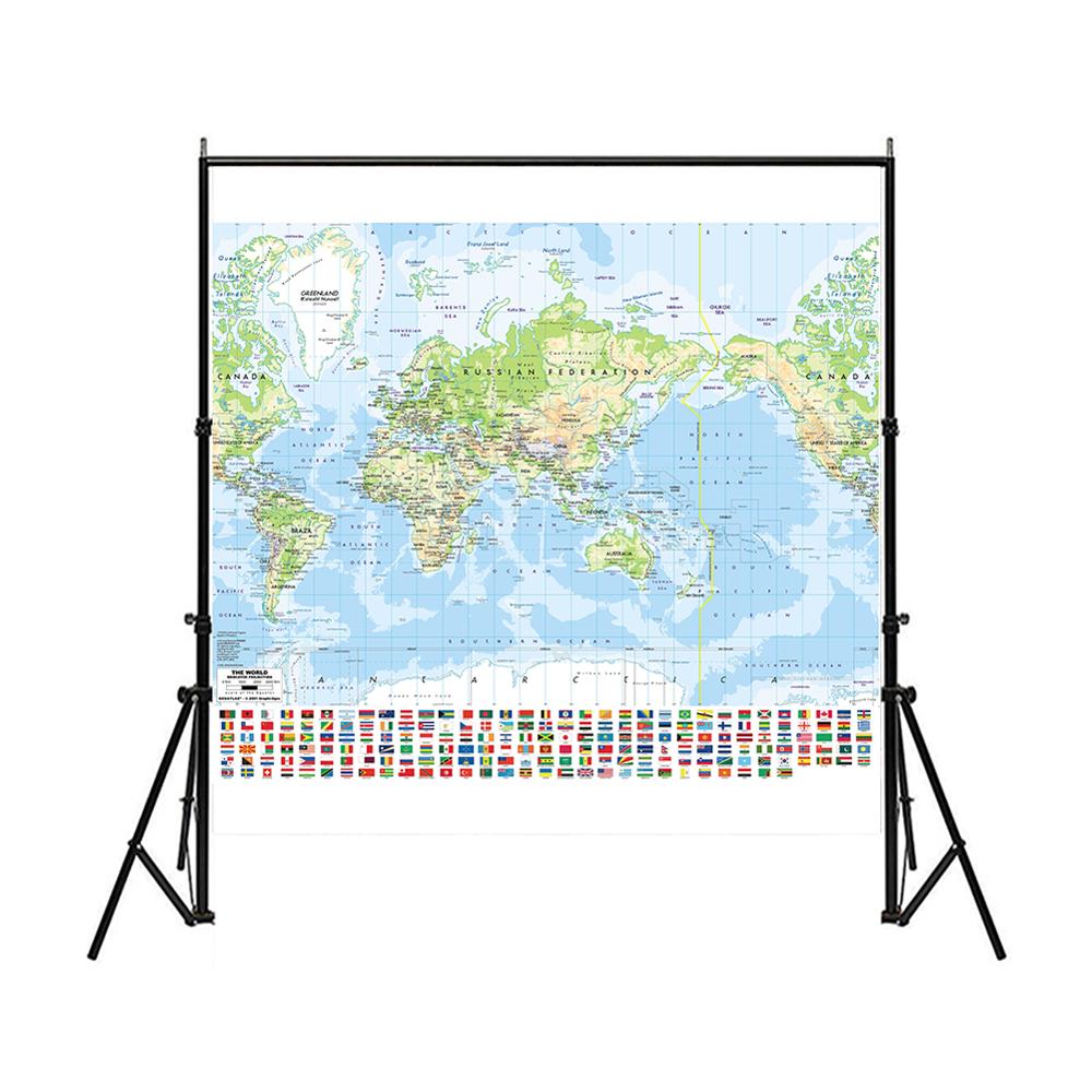 150X150 Cm Non-woven Spray Kaart Mercator Projectie Wereldkaart Met Nationale Vlag Voor Cultuur En Onderwijs